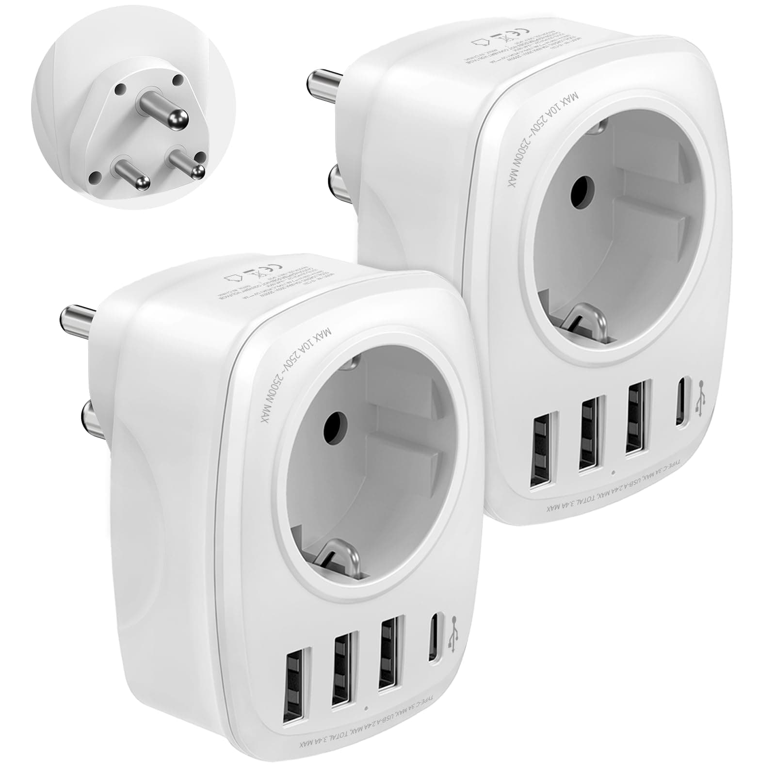 🔌🌍 VINTAR 2 PCS Reiseadapter Indien, Reiseadapter Typ D mit 3 USB und 15W 1USBC