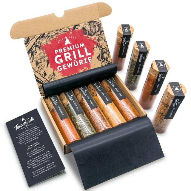TIMBER TASTE® Grill Gewürze Geschenkset Männer 🌶️🔥 - 5 erlesene BBQ Grillgewürze inkl. Rezepte