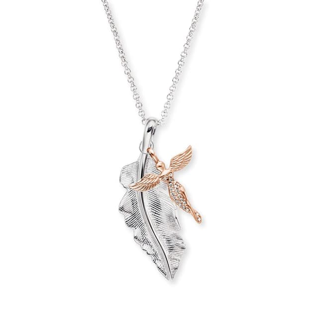 🌟 Engelsrufer Damen Halskette aus Sterling Silber mit silbernem Feder und roségoldener Engel Anhänger