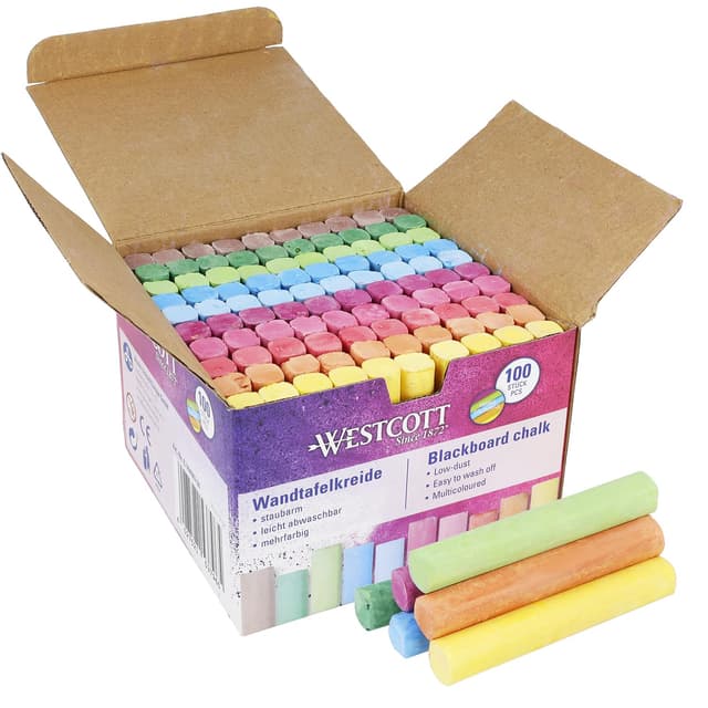 Westcott Kreide 100 Stück Bunt | Vorteilspack Tafelkreide mit 1,2cm ⌀ in leuchtenden Farben