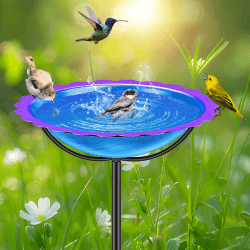 🐦🌿 KHayRovies Vogeltränke stehend für Außen, Metall Vogelbad Vogelfutterspender Ständer mit 4 Zinken Basis Pfahl, Wasserschale Vogel Bad Vogelfutterstelle Futterstelle für Wildvögel Garten (Blau-Lila)