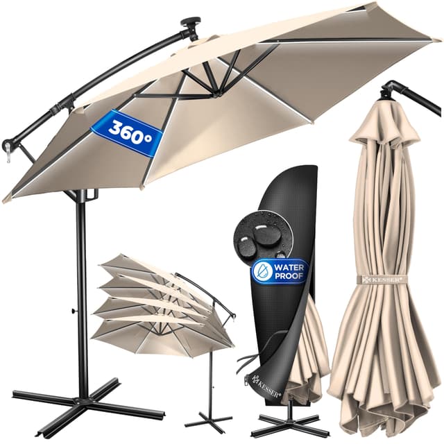 KESSER® Alu Ampelschirm LED Solar Ø350cm Inkl. Abdeckung Fernbedienung Kurbelvorrichtung Kurbelschirm mit Ständer 🌞🌂🪟