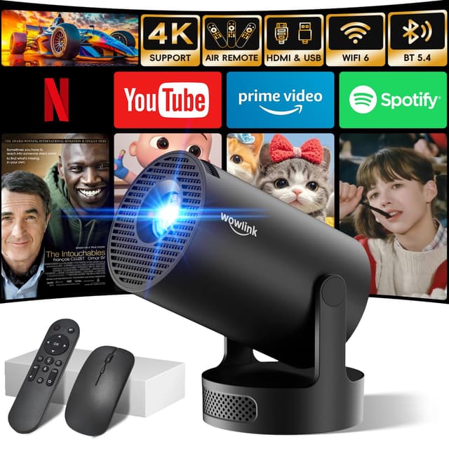 Mini Beamer Unterstützt 4K 1080P, Projektor Tragbarer mit WiFi 6 und Bluetooth 5.4, Beamer Klein Projektor Auto Keystone 180°Dreh Kompatibel mit HDMI/TV Stick/Memory Stick/Laptop, Schwarz 🎥🔊