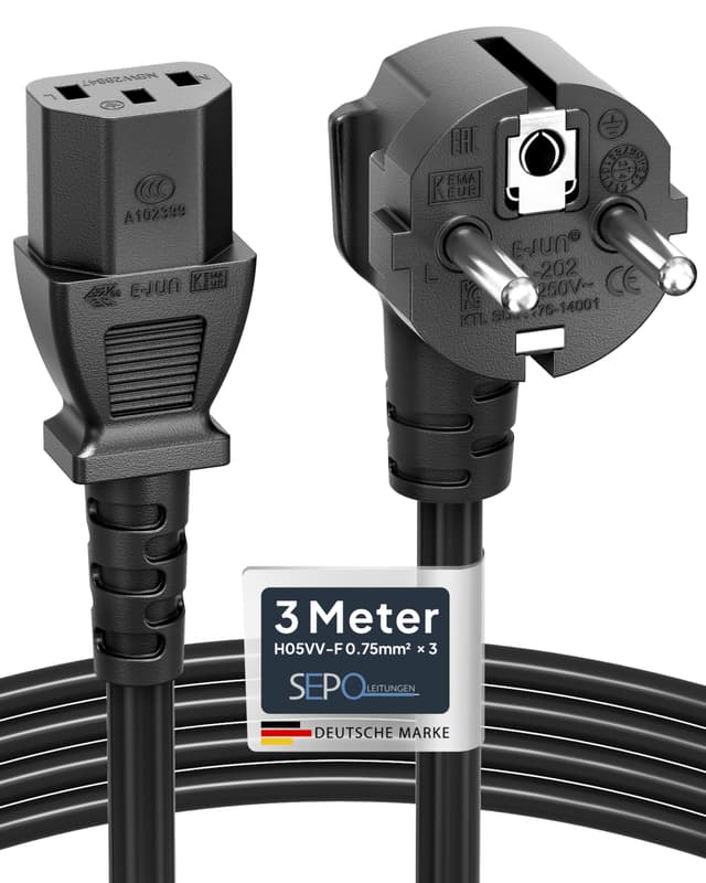 SEPO Kaltgerätekabel [1m/2m/3m/5m] – CEE 7/7 auf IEC C13 – 0,75mm² Stromkabel