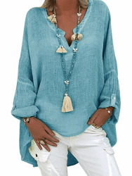 Tincini Leinenbluse Damen Sommer Tunika V-Ausschnitt Große Größen Blusenshirt Langarmshirt Leinen Baumwolle Hemd Oberteile Druck Shirt A Blau XL 😍👚🌸