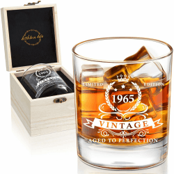 🎁 LIGHTEN LIFE Geschenke zum 60. Geburtstag für Männer 340ml,1965 Whiskyglas in wertvoller Holzbox 🥃