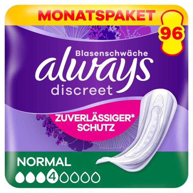 🌟 Mega Deal! Always Discreet Inkontinenzeinlagen Normal, 96 Binden (4 x 24 Stück)