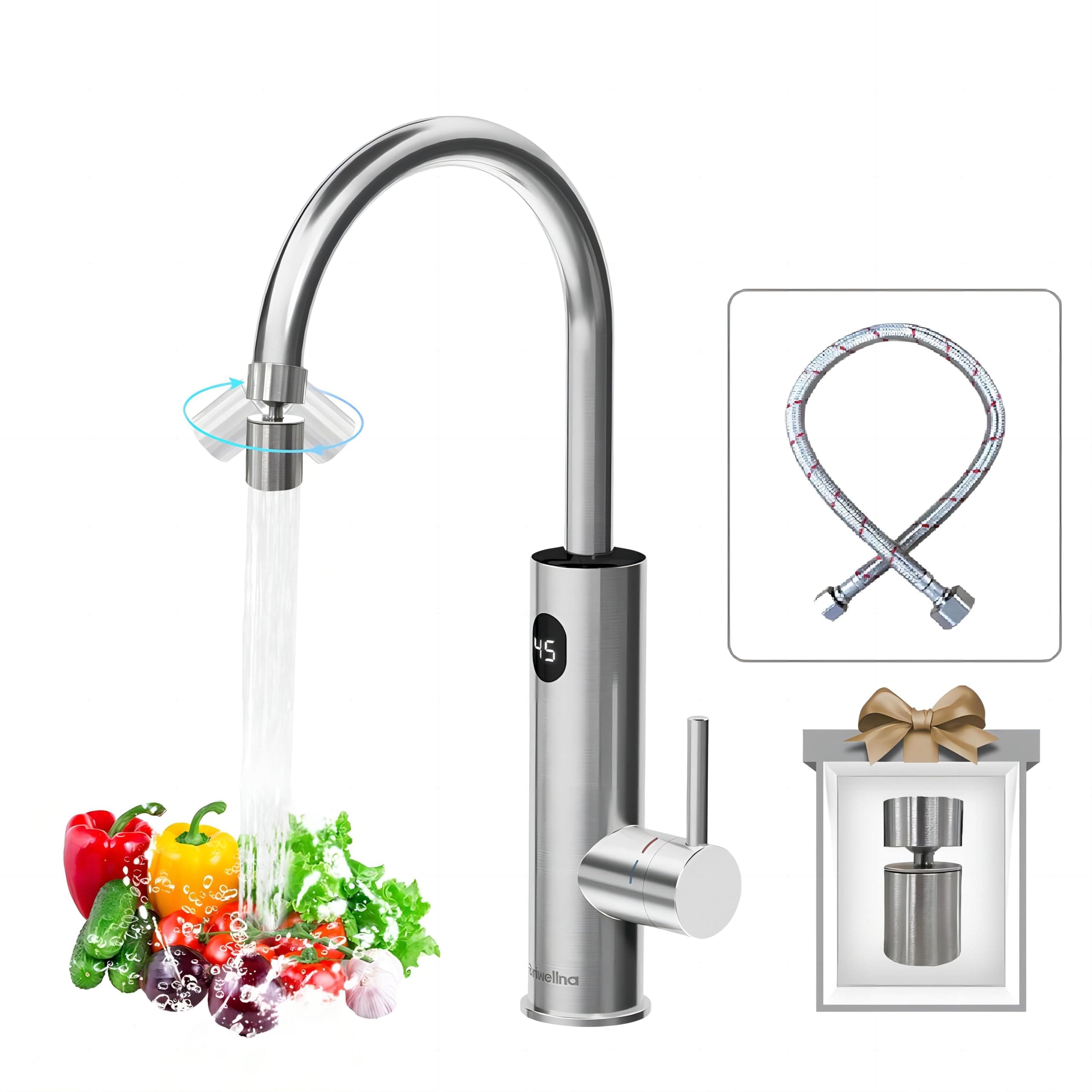 Briwellna Wasserhahn mit Durchlauferhitzer 220V Elektrische Wasserhahn 360 Grad Rotieren und Digitalanzeige, Warmwasserhahn mit Universelle Düse (Silber) KM12 Silber 🚿