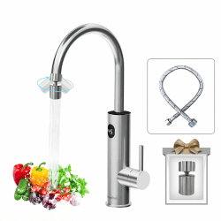 Briwellna Wasserhahn mit Durchlauferhitzer 220V Elektrische Wasserhahn 360 Grad Rotieren und Digitalanzeige, Warmwasserhahn mit Universelle Düse (Silber) KM12 Silber 🚿