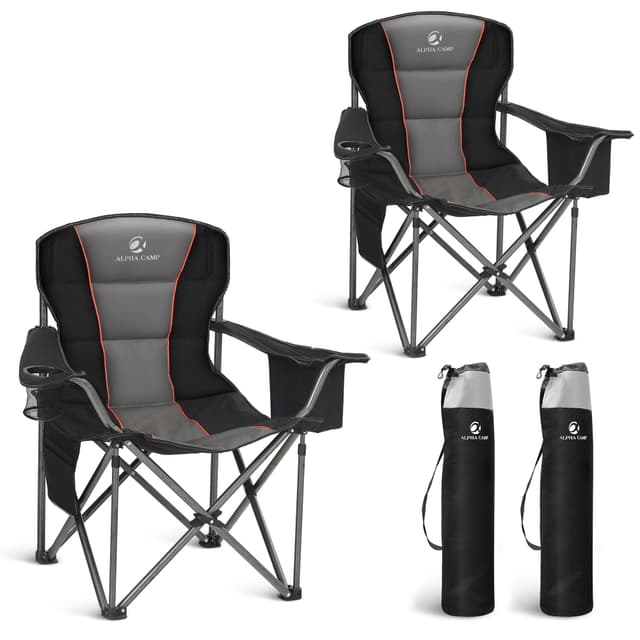😎 LET'S CAMP Campingstuhl Klappstuhl Faltbar Übergroßer Angelstuhl mit Getränkehaltern Kühltasche Faltstuhl Outdoorstuhl bis 200kg Schwarz 2Pcs