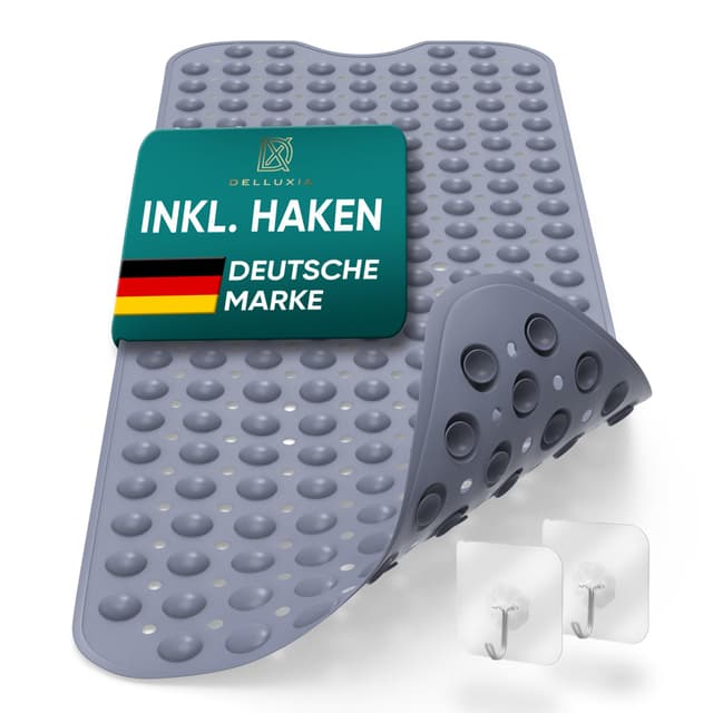 Delluxia Badewannenmatte rutschfest 100 x 40 cm inkl. 2 Haken, Antirutschmatte Badewanne Badematte rutschfest Duschmatte rutschfest, BPA frei Grau 🚿