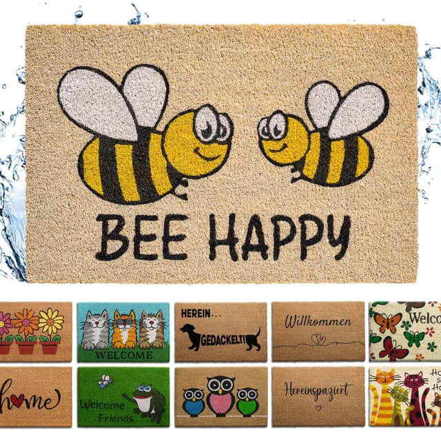 Bodenständig® Fußmatte Kokos [Wetterfest] - Bee Happy 🐝 40x60 cm - Robust & Nachhaltig