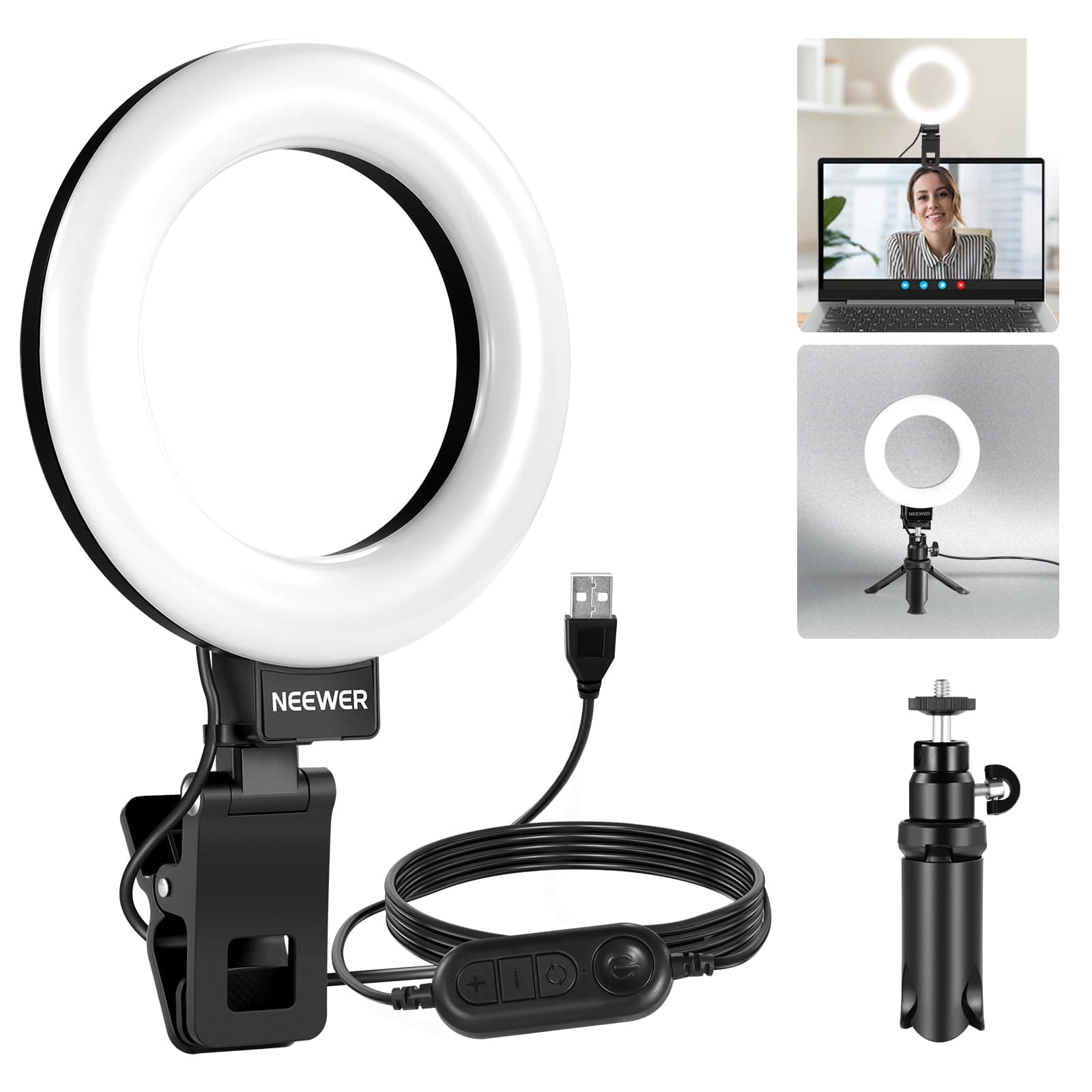 NEEWER BASICS 5" Ringlicht mit Klemme und Mini Stativ 🌟 10W 3000k-6000K Dimmbares Ansteckleuchte für Laptop Computer Monitor Videokonferenzen Selfie, Vlog Makeup, Live Streaming, Videoaufnahmen, BR60 1er Pack
