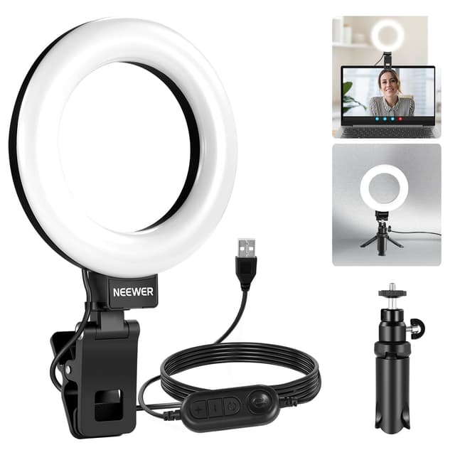 NEEWER BASICS 5" Ringlicht mit Klemme und Mini Stativ 🌟 10W 3000k-6000K Dimmbares Ansteckleuchte für Laptop Computer Monitor Videokonferenzen Selfie, Vlog Makeup, Live Streaming, Videoaufnahmen, BR60 1er Pack