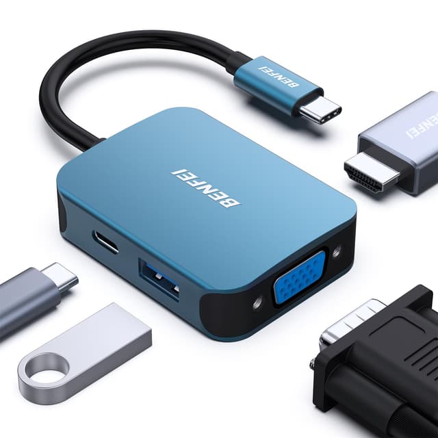 🔥ANGEBOT: BENFEI USB C HUB 4in1,USB C Multiport-Adapter mit 4K HDMI/ 1080P VGA/ 5Gbps USB 3.0 Data Port/Typ C 60W Power Delivery, Blau
