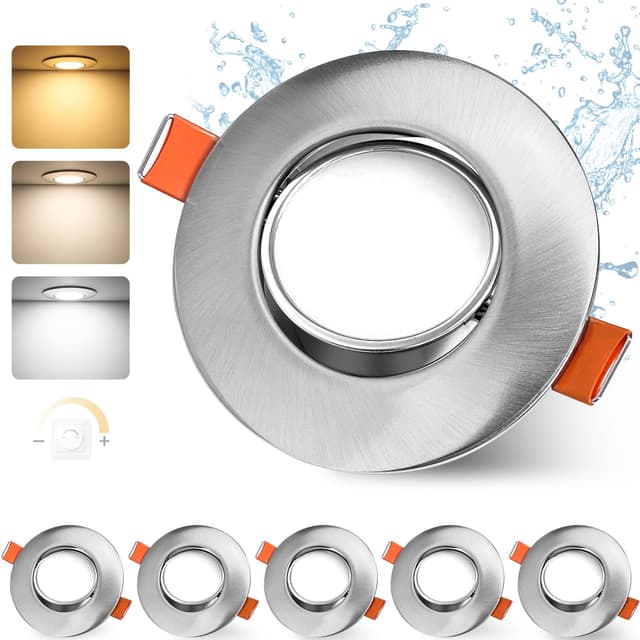 🌟 GeyouLux LED Einbaustrahler 230v Dimmbar 68-80mm 4.9W IP44 Ultra Flach LED Spots 3000K/4000K/6000K Deckenspots für Badezimmer Wohnzimmer 45°Schwenkbar Einbauleuchten Küche Spots Deckenleuchte 6er Set 4.9w Nickel IP44-6er Set 🌟