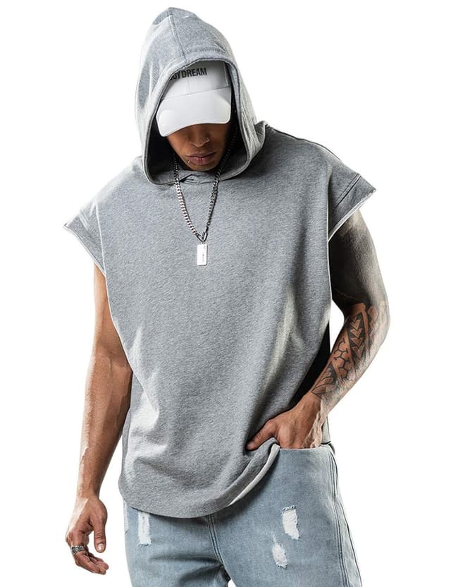 🔥 Herren Tank Top Muskelshirt Ärmelloser Hoodie Tanktop Fitness Gym Shirt Workout Sport Kapuzenpullover L Grau