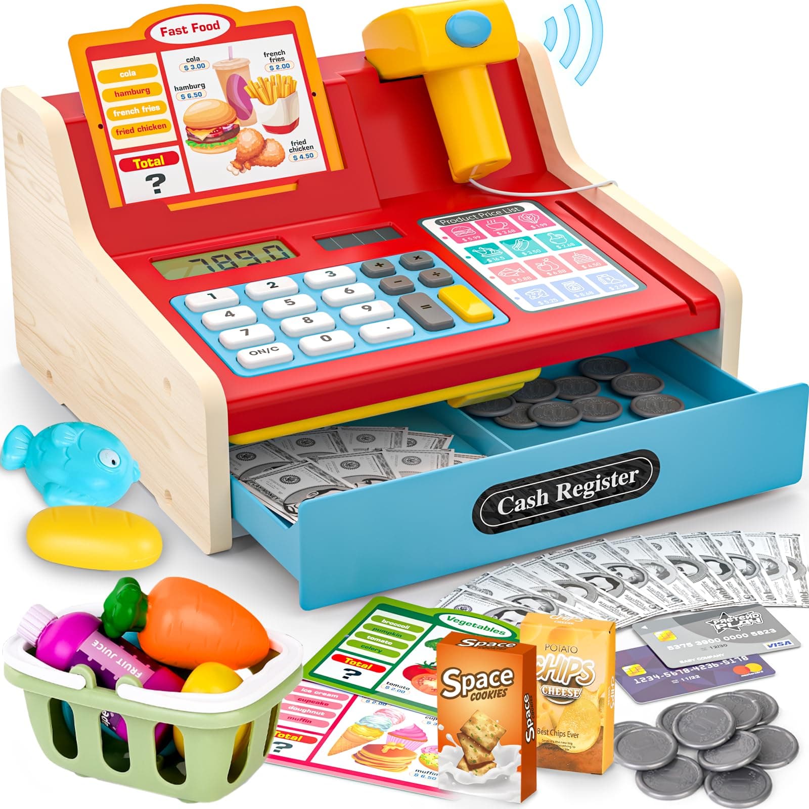🪵 Kinderkasse Holz-Registrierkasse mit Scanner & Sound für Kinder 3-5 Jahre