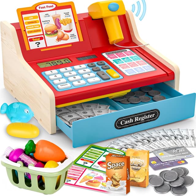 🪵 Kinderkasse Holz-Registrierkasse mit Scanner & Sound für Kinder 3-5 Jahre