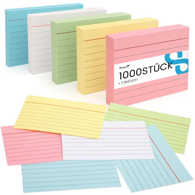 🌈📚 Koogel Karteikarten A8 1000er Set - Lernkarten in 5 Farben
