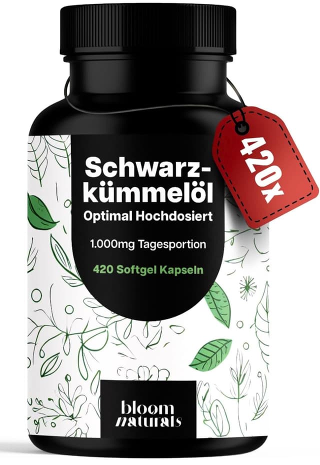 🌿 Schwarzkümmelöl Kapseln Hochdosiert - 420 Softgel Kapseln - 1.000 mg Tagesportion 🌿