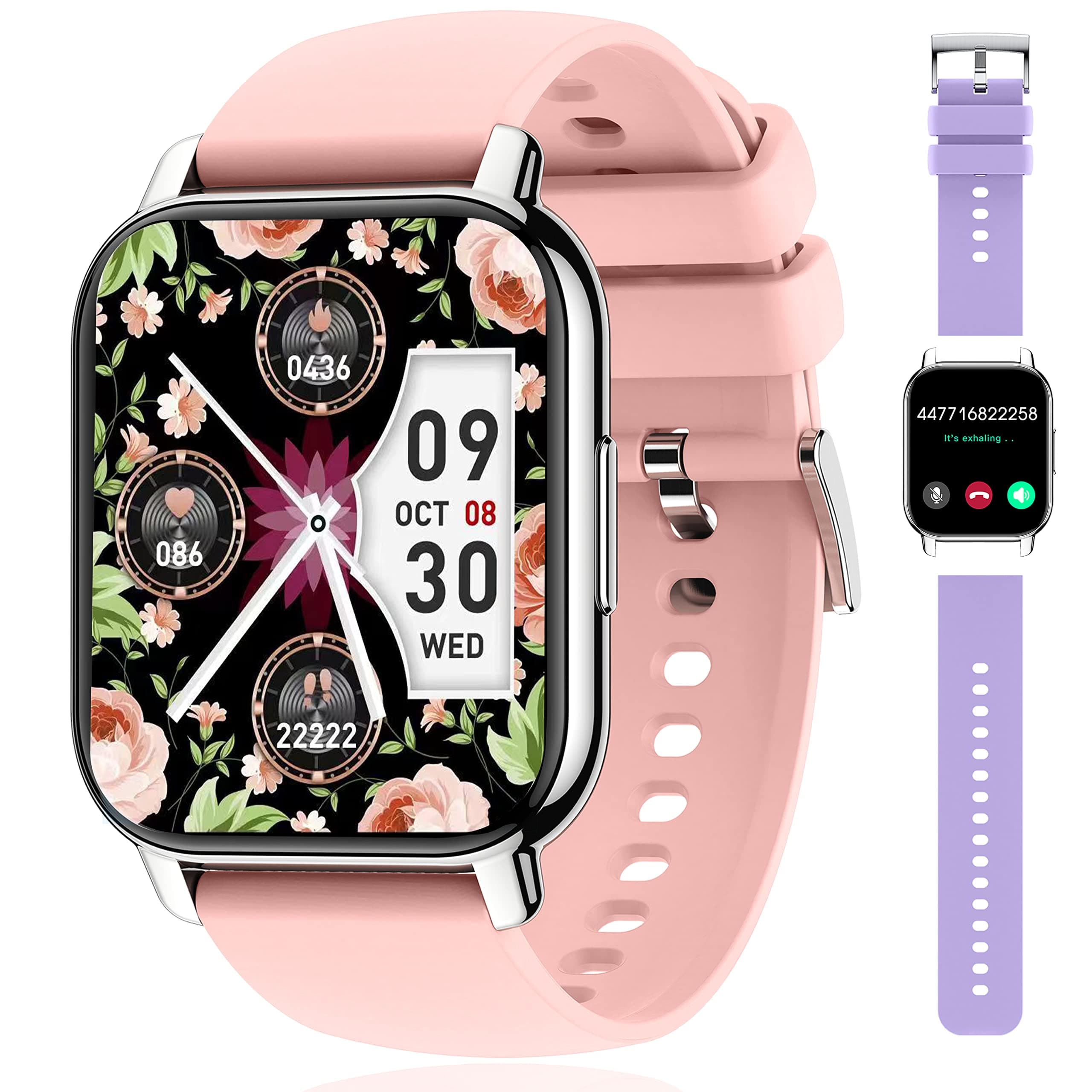 Popglory Smartwatch mit Telefonfunktion, Fitnesstracker 2 Zoll Touch-Farbdisplay,Blutdruckmessung Herzfrequenz Schlafmonitor SpO2, Sportuhr IPx8 Wasserdicht Schrittzähler für Damen Herren Silikon Lila + Silikon Violett 🌟