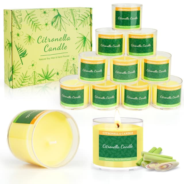 🌼 Citronella Kerzen Outdoor Teelichter Kerze - Garten Duft Kerze 10 Stunden Brenndauer 🌿 Nachhaltiges 12er Kerzen Set - Natürliches Sojawachs - Kerzen Geschenk für Frauen Nachbarn Freunde Kollegen Gelb