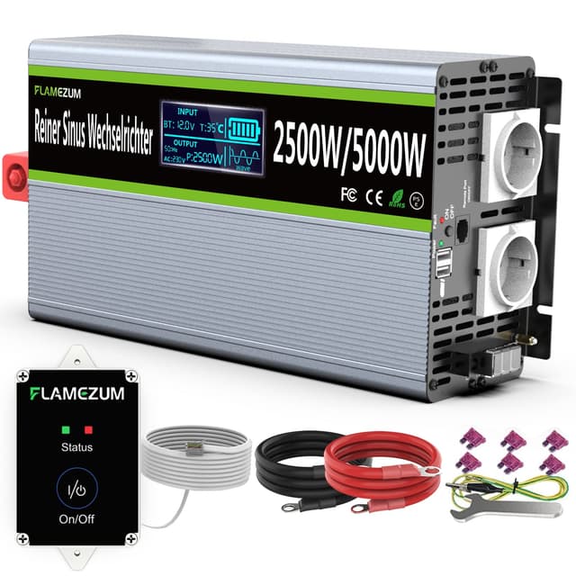 FLAMEZUM 2500W Wechselrichter 12V auf 230V 🚗⚡ Reiner Sinus Spannungswandler mit Fernbedienung
