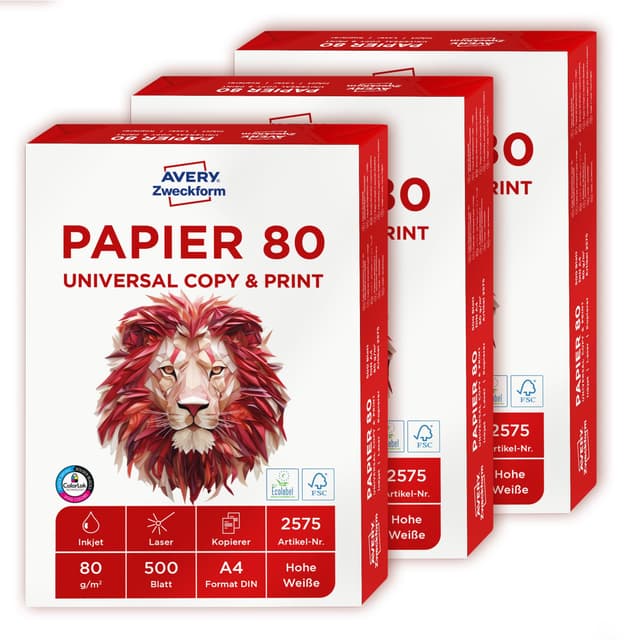 📄 AVERY Zweckform 2575 Druckerpapier, Kopierpapier (1.500 Blatt, 80 g/m², DIN A4 Papier) - 1 Box mit 3 Pack, weiß