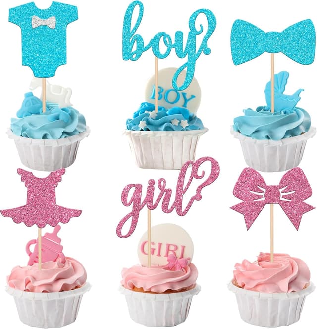 🎀👶 24 Stück Geschlecht Enthüllen Tortendeko Glitzer Boy or Girl Cupcake Toppers Bow Tie Onesie Jumpsuit 🎂 Deko