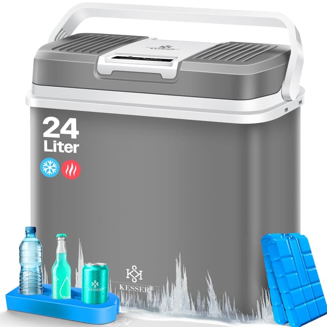 KESSER® 24 Liter Kühlbox | KÜHLT und WÄRMT | Thermo-Elektrische Kühlbox 12 Volt und 230 Volt | Thermobox für Auto, Boot & Camping | Mini-Kühlschrank mit ECO & MAX Modus | 2X Kühlakku & Getränkehalter Grau 😎🚗🏕️