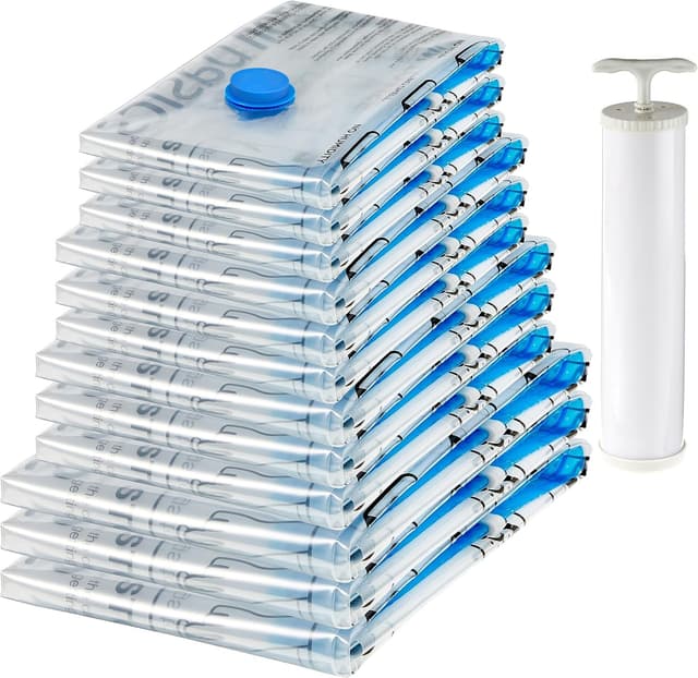 🛍️ 12er-Pack Amazon Basics Vakuumbeutel für Kleidung - Mehrere Größen und Handpumpe 🌬️