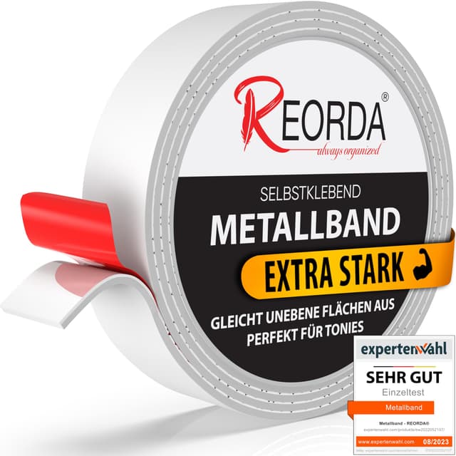 REORDA® Metallband selbstklebend Weiß - Ideal für Tonies®-Figuren & -Regale (EXTRA STARK) - Magnetband für Magnete I Ferroband I Magnetband selbstklebend I Eisenband (6m) 6 Meter (24mm) Weiß
