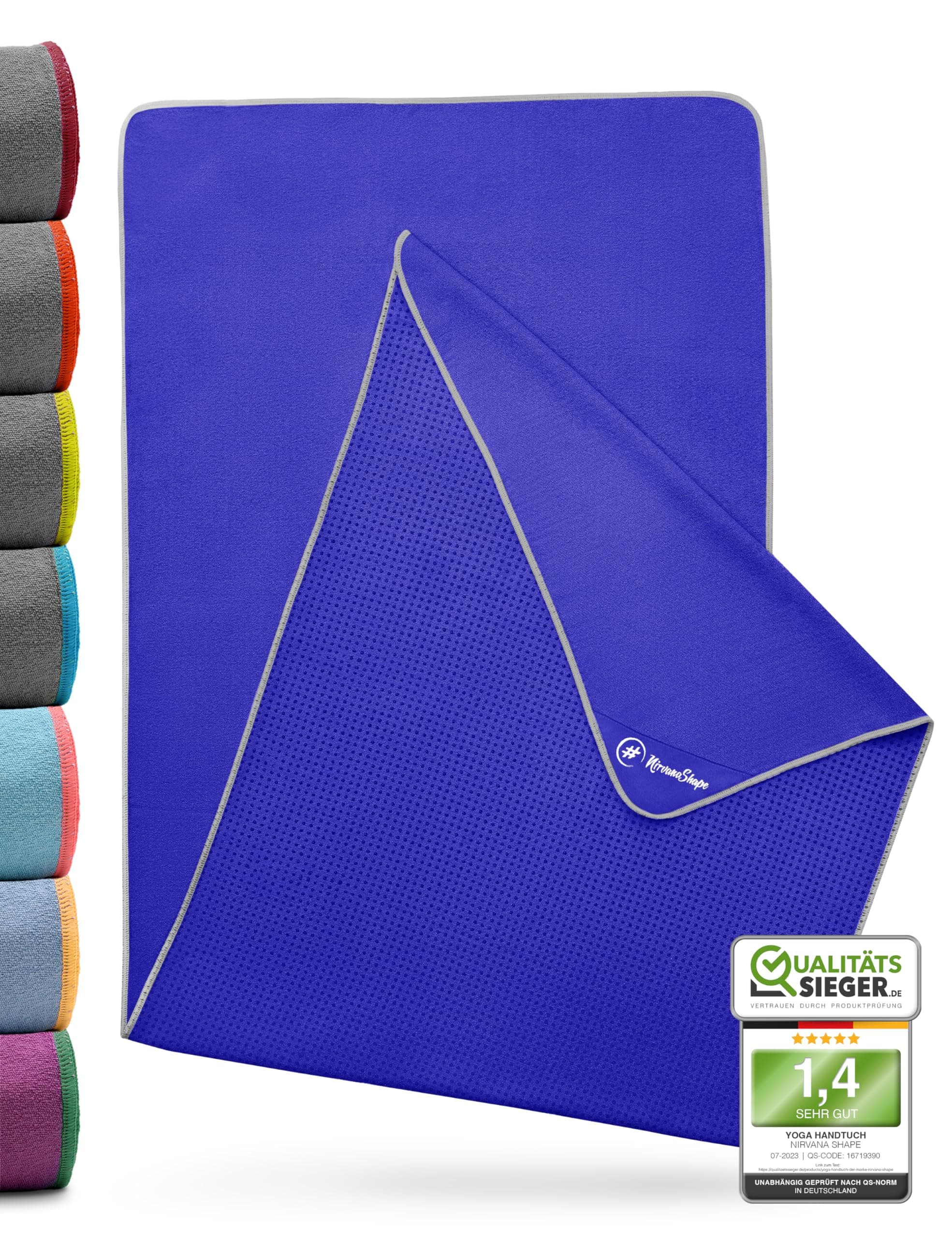 NirvanaShape Yoga Handtuch rutschfest | Hot Yoga Towel mit Antirutsch-Noppen | Blauviolett / Grauer Rand 185 x 63 cm