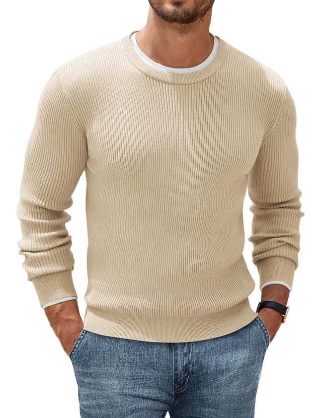 👕🧥 COOFANDY Herren Rundhals Pullover Basic Strickpullover Feinstrick Business Pullover Männer Ribbed Sweater Pulli Winterpullover Cremebeige L 🧥👕