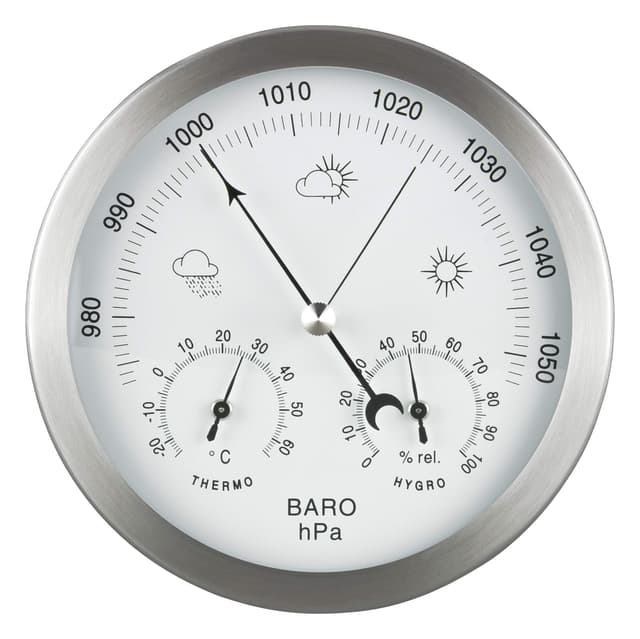 🌦️ GardenMate® Wetterstation analog 3in1 Edelstahlrahmen Ø 14 cm 🌡️⏱️🌬️