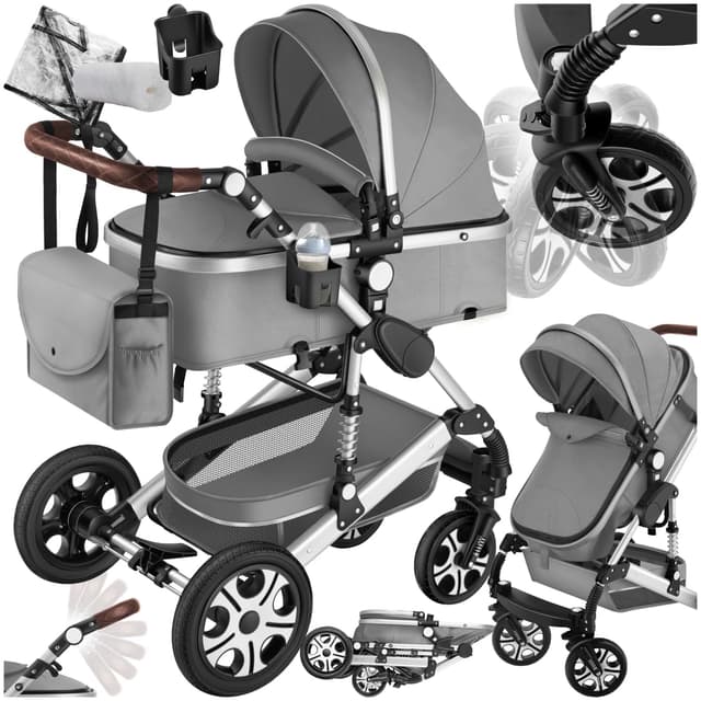 👶🛒 tectake® 2 in 1 Kinderwagen - Grau | Kinderbuggy mit Liegefunktion & Zubehör 🌟