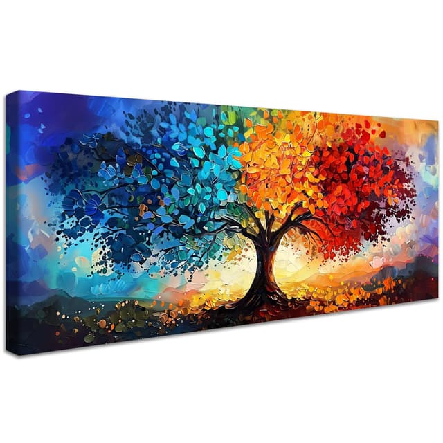 🌳🎨 Abstrakte Bunter Baum Leinwandbild - 50x120cm - Blau Gelb Rot Baum des Lebens