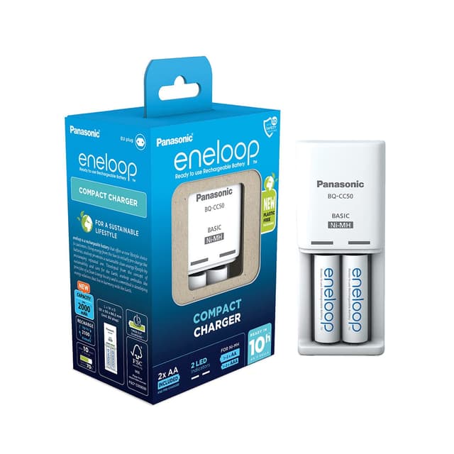 🔋🔌🌍 eneloop Compact Ladegerät mit 2x eneloop AA - Reise-Ladegerät für AA/AAA Akkus