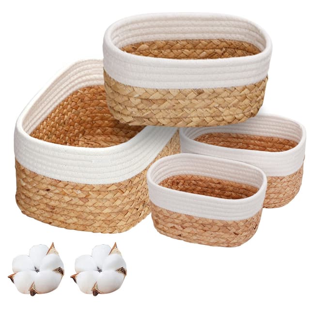 🌿🧺 Aufbewahrungskorb Set aus Wasserhyazinthe und Baumwolle - 4er Korb geflochten