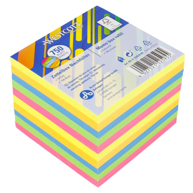 Westcott Notizzettel bunt 750 Blatt Nachfüllpack 🌈 | 5 Neon Farben | FSC-zertifiziertes Papier 75g/m²