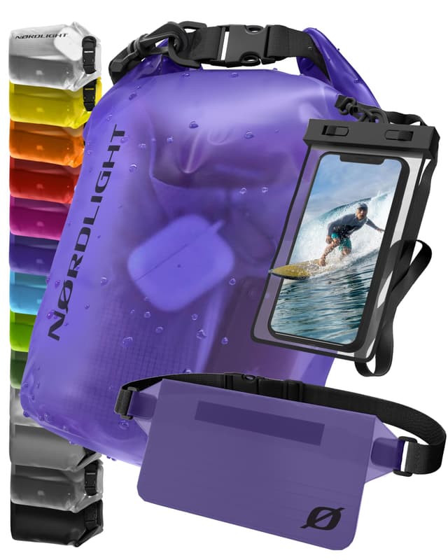 Nørdlight Dry Bag wasserdichte Tasche - 2l 5l 10l 15l 20l 30l Liter 🌊💧 | Waterproof Drybag + Roll-Top + Schultergurt | Schwimmen Baden Strand Kanu SUP Tauchen Handy 10 L Set Lila (Set, Semi-transparent)