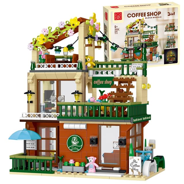 AKOGD Kaffee Haus Bausteine Bausatz mit Licht, 875 Teile City Cafe Modulares Haus Klemmbausteine Modell