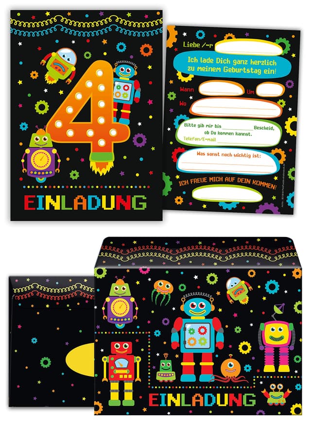 🎉 12 Einladungskarten & Umschläge zum 4. Kindergeburtstag - Jungen Robot Thema 🤖