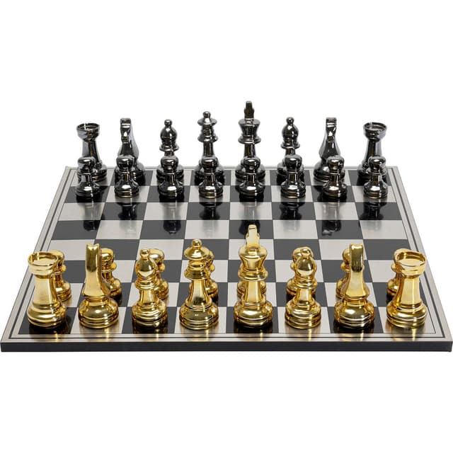 Kare Design Deko Objekt Chess, Nickel/Gold, XL 🌟 Schachbrett, Schachfiguren, Schachspiel 🎲 60x60 cm (L/B) Schwarz/Gold