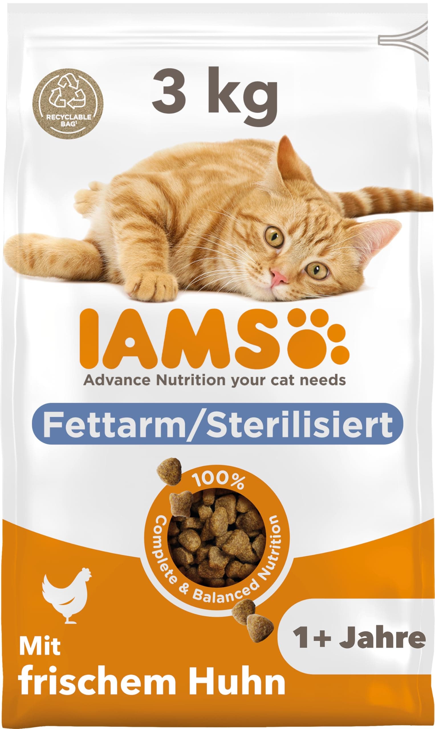 🐱 IAMS Sterilised Katzenfutter trocken mit Huhn - Trockenfutter für sterilisierte / kastrierte Katzen ab 1 Jahr, 3 kg