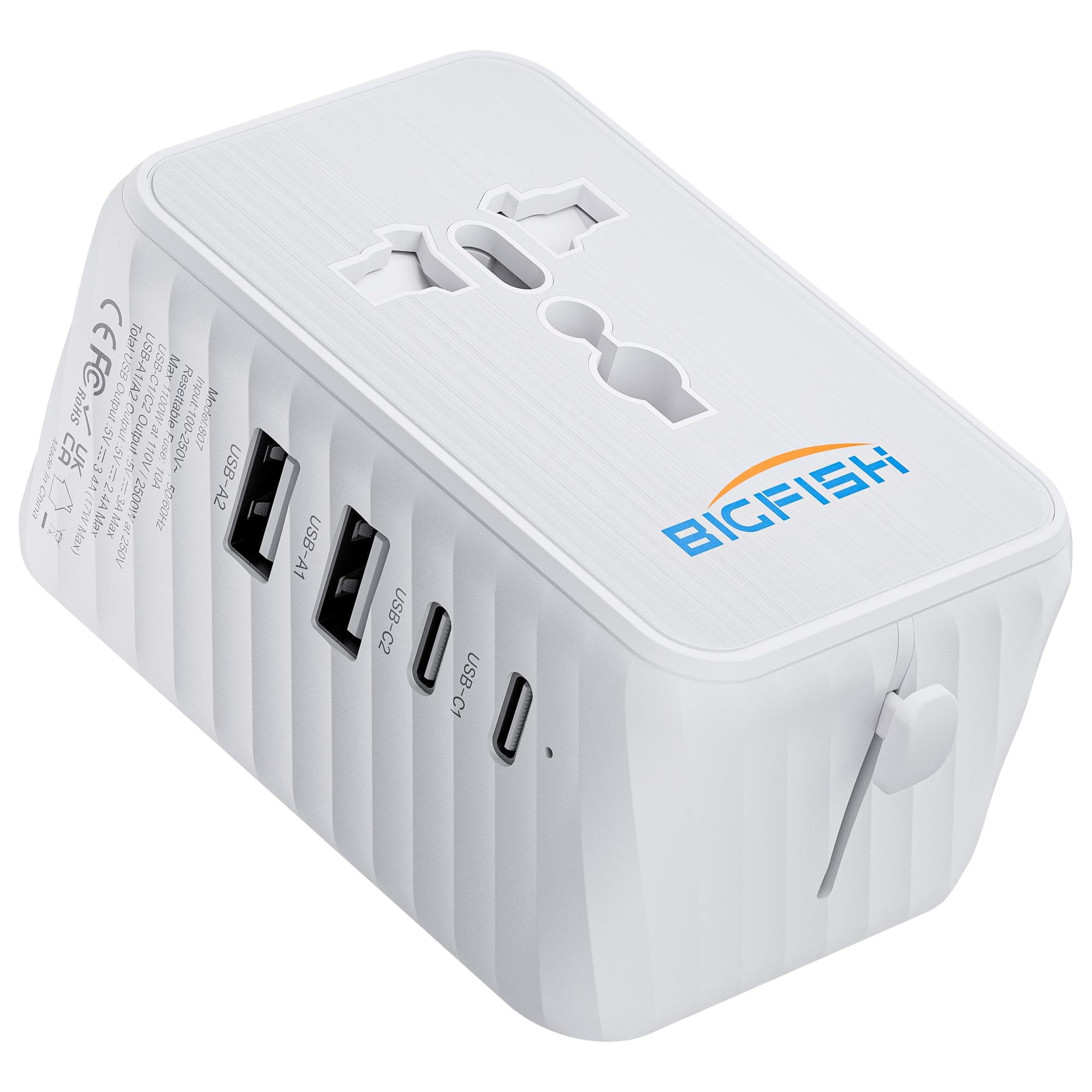 🌍 Bigfish Reiseadapter Weltweit mit 4 USB Anschlüssen - Universal Steckdosenadapter
