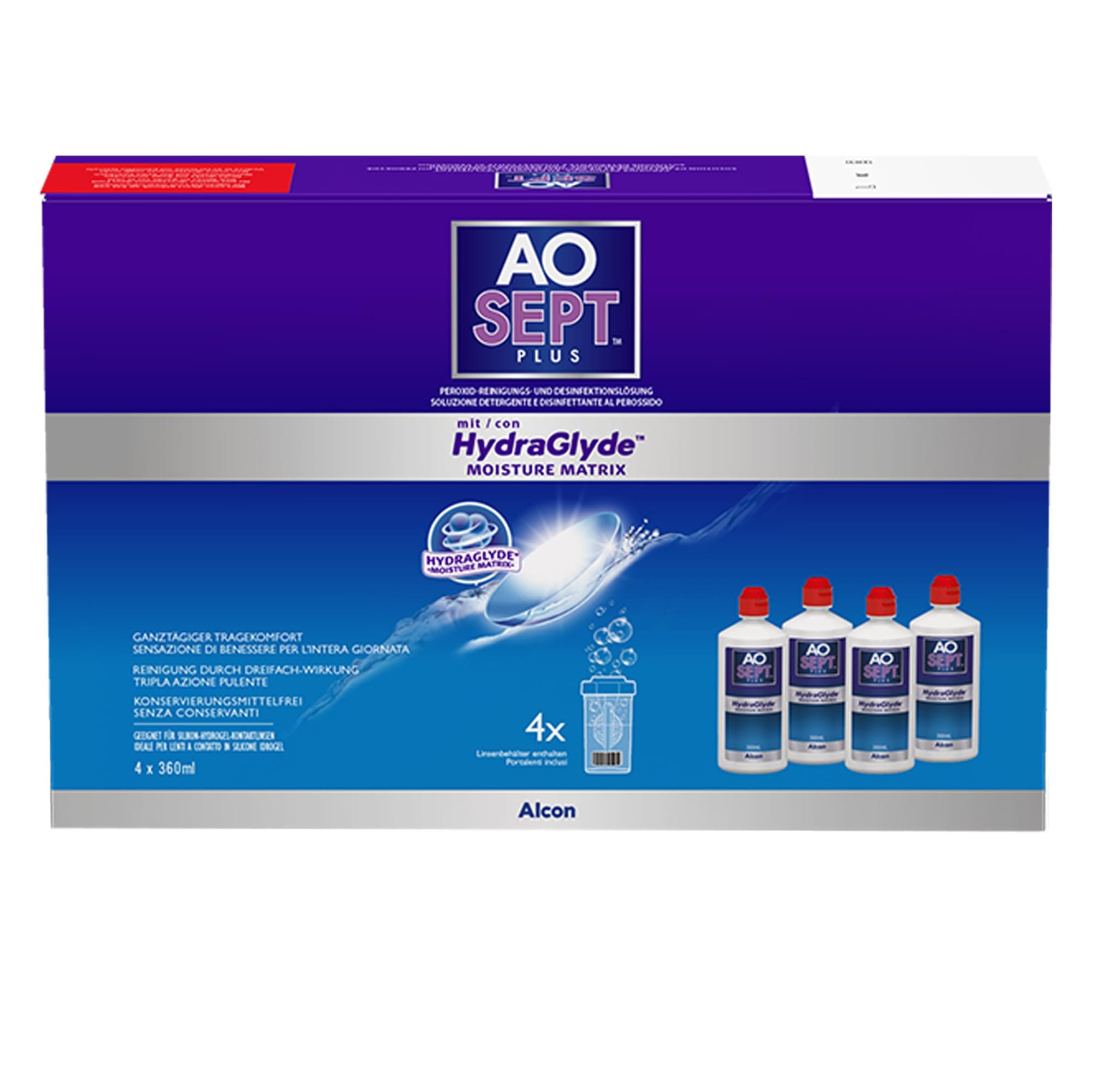 Aosept Plus mit Hydraglyde Pflegemittel | Systempack | 4 x 360 ml 🌟👁️