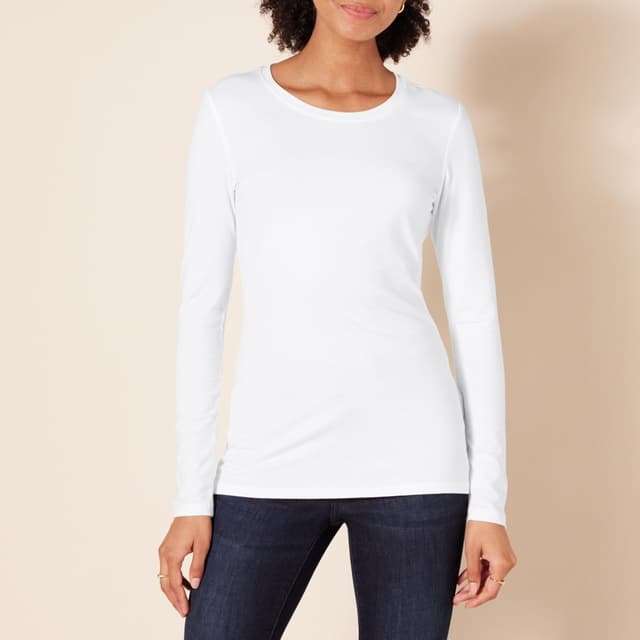 🌟 Amazon Essentials Damen Regular-Fit Langarm-T-Shirt Rundhalsausschnitt L Weiß 🛍️