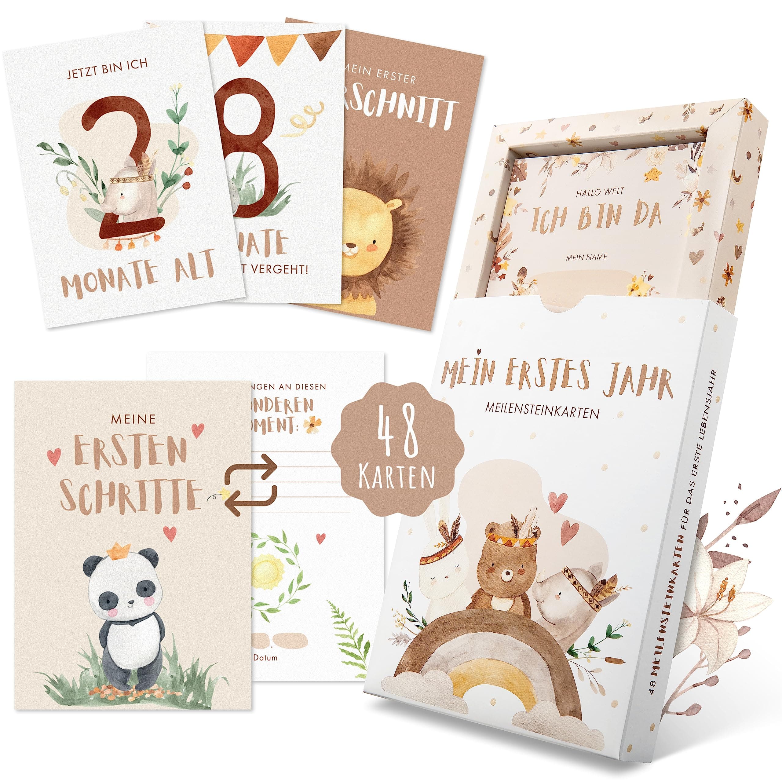 EULENTALER® Meilensteinkarten Baby | Das Original 🌟 | Handgemalte Boho Illustrationen | 48 Karten mit Box | Angebot: 10.95€